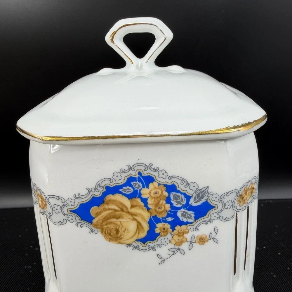 Victoria China Czechoslovakia Rice Canister Vintage Porcelain Blue Rose Floral